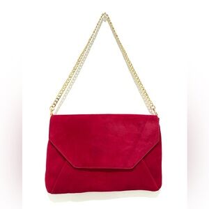 Ann Taylor Women’s Gold Chain Shoulder Handbag Purse Red 100% Leather Suede